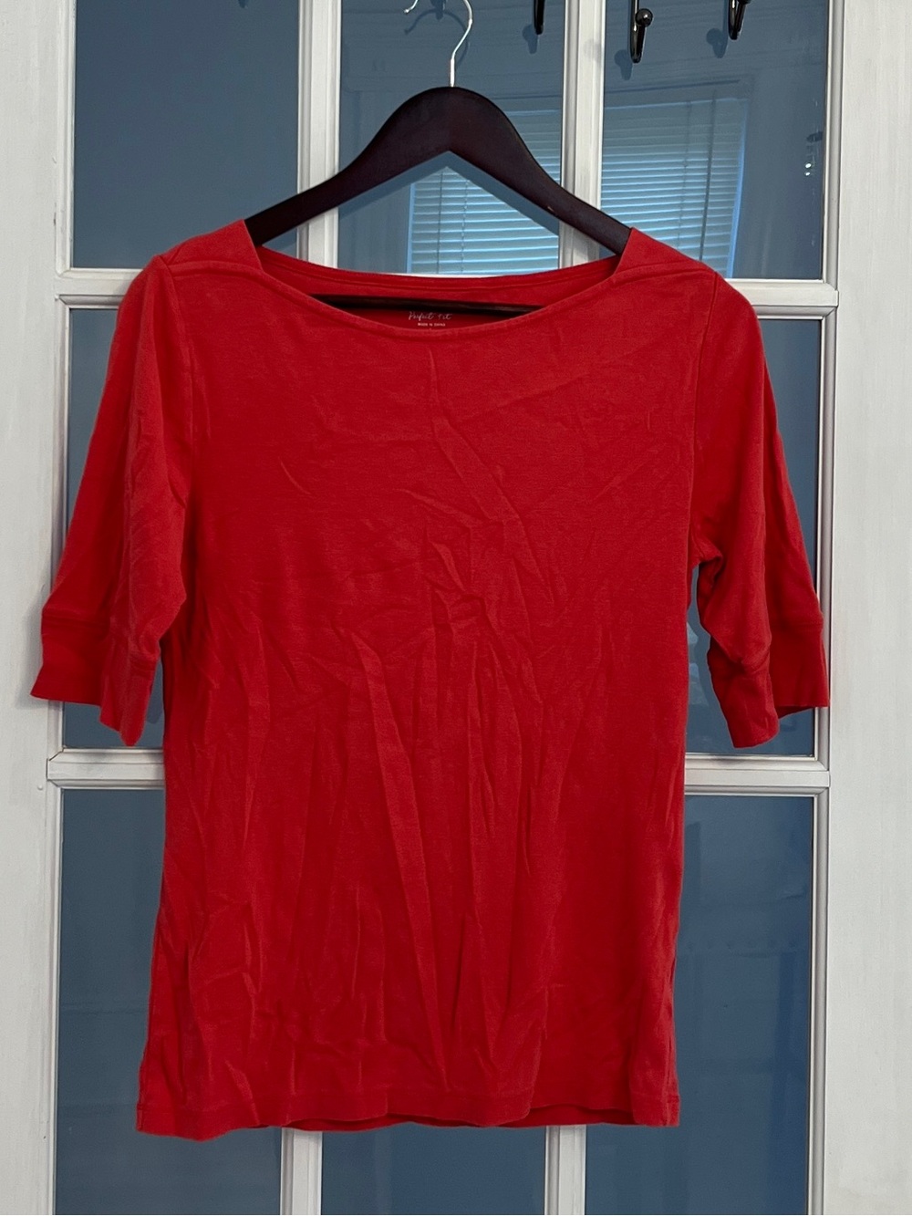 J. CREW Women’s Perfect Fit Boatneck T-Shirt Red 3/4 Sleeve Cotton L
